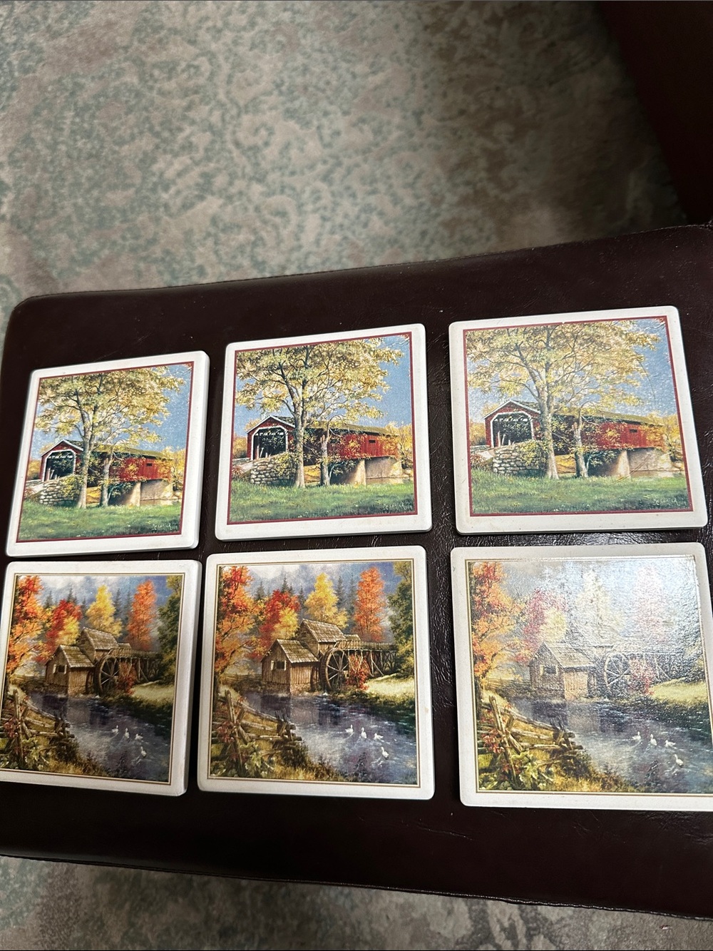 Set of 6 Vintage Scenic Ceramic Coasters - Fall Landscape